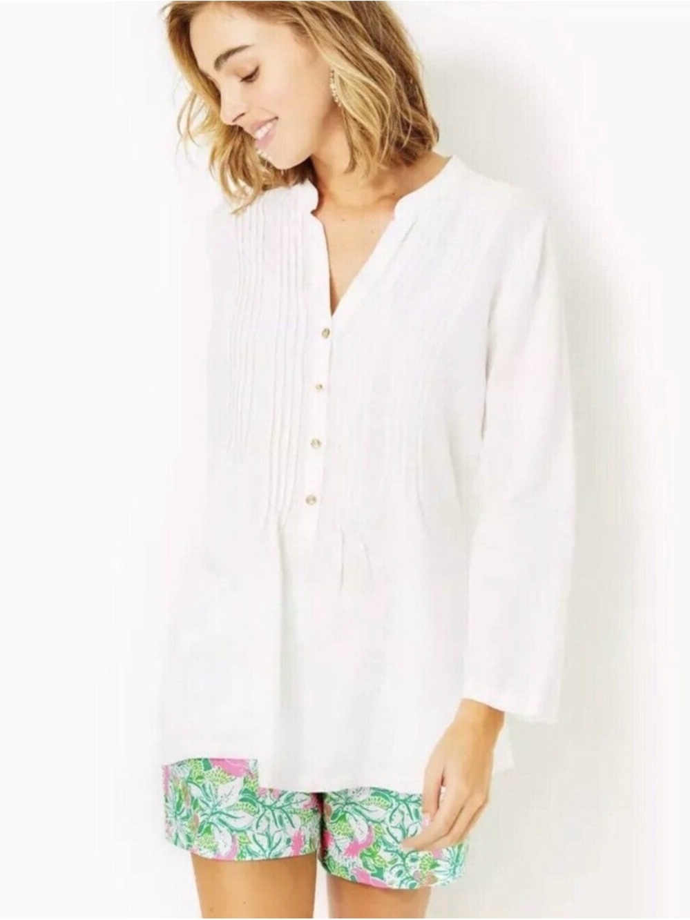 💕NWOT White Sarasota Linen Pintuck Tunic with Gold Accent Buttons